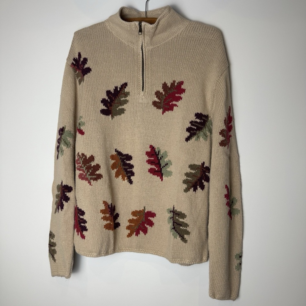 VTG Coldwater Creek Sz XL Knit Sweater Autumn Leaves Cotton Ramie 1/4 Zip Beige